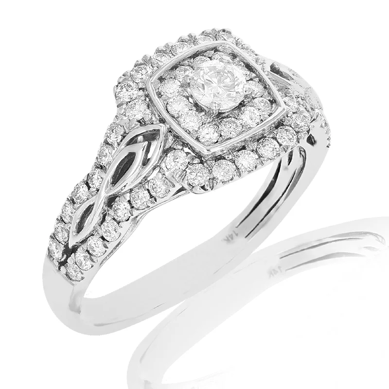 White gold ladies engagement rings-3/4 cttw Diamond Engagement Ring 14K White Gold Halo Composite Prong Set