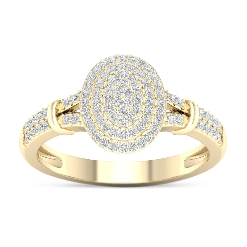 High-end ladies engagement rings-De Couer 10k Yellow Gold 1/4ct TDW Diamond Cluster Double Halo Engagement Ring