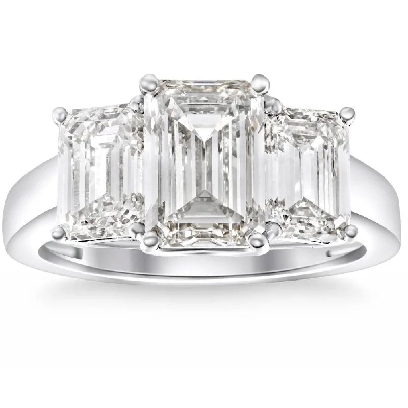 Engagement rings with cushion diamonds-3.55Ct TW Emerald Cut Three Stone Engagement Ring 14k White Gold Lab Grown