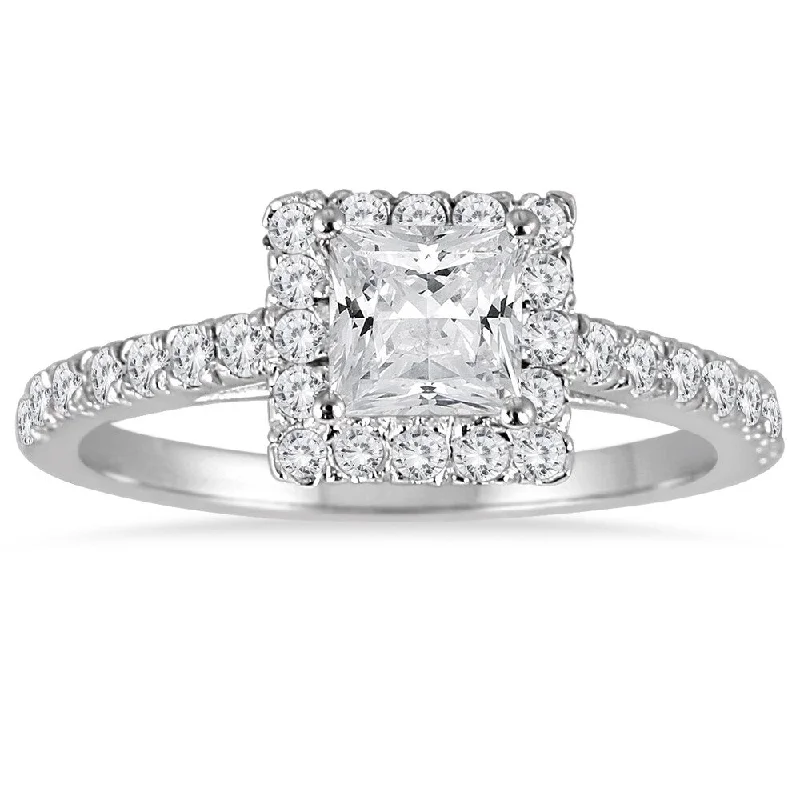 Wedding band and engagement ring sets-1 Carat TW Princess Cut Diamond Halo Engagement Ring in 14K White Gold