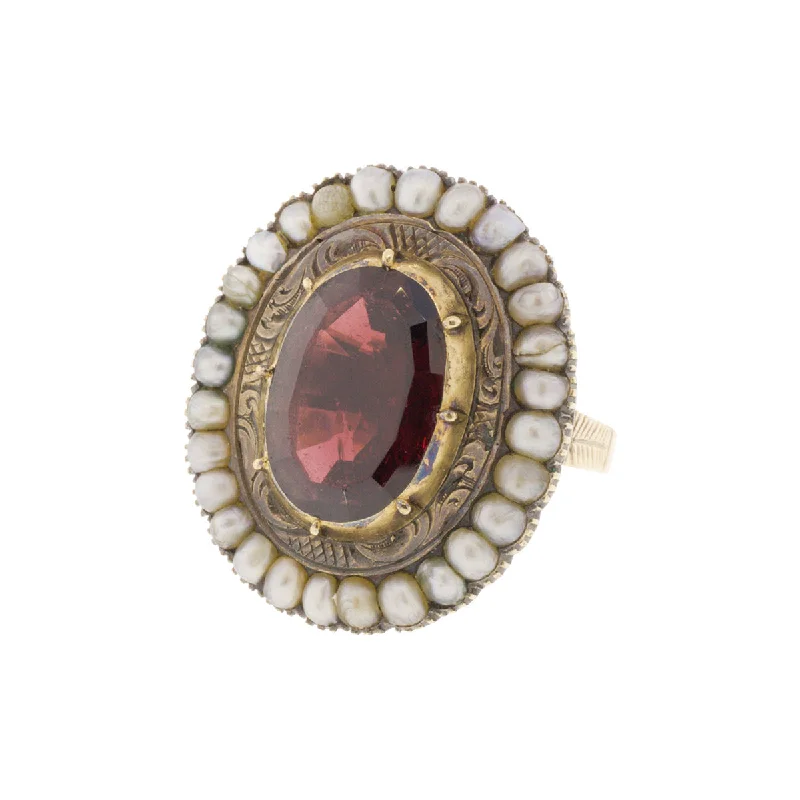 Ladies luxury fashion rings-Victorian Garnet and Seed Pearl Halo Ring