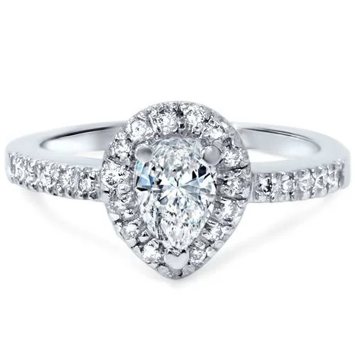 Three-stone ladies engagement rings-1/2ct Pear Shape Halo Diamond Engagement Ring 14K White Gold