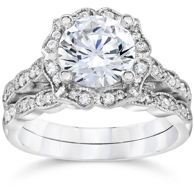 Alternative engagement rings for ladies-2Ct Diamond Halo Engagement Ring 14K White Gold Wedding Ring Set Lab Grown