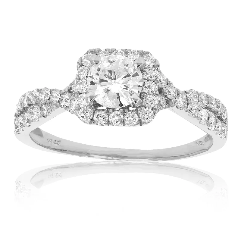 Classic ladies engagement rings-1 cttw Diamond Halo Criss-Cross Wedding Engagement Ring 14K White Gold Bridal