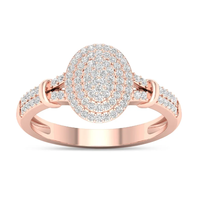 Three-stone diamond ladies engagement rings-De Couer 10k Rose Gold 1/4ct TDW Diamond Cluster Double Halo Engagement Ring - Pink