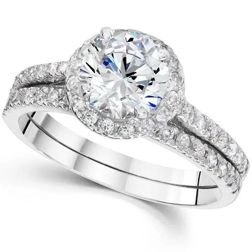 Modern design ladies engagement rings-1ct Round Diamond Halo Engagement Ring Set 14K White Gold