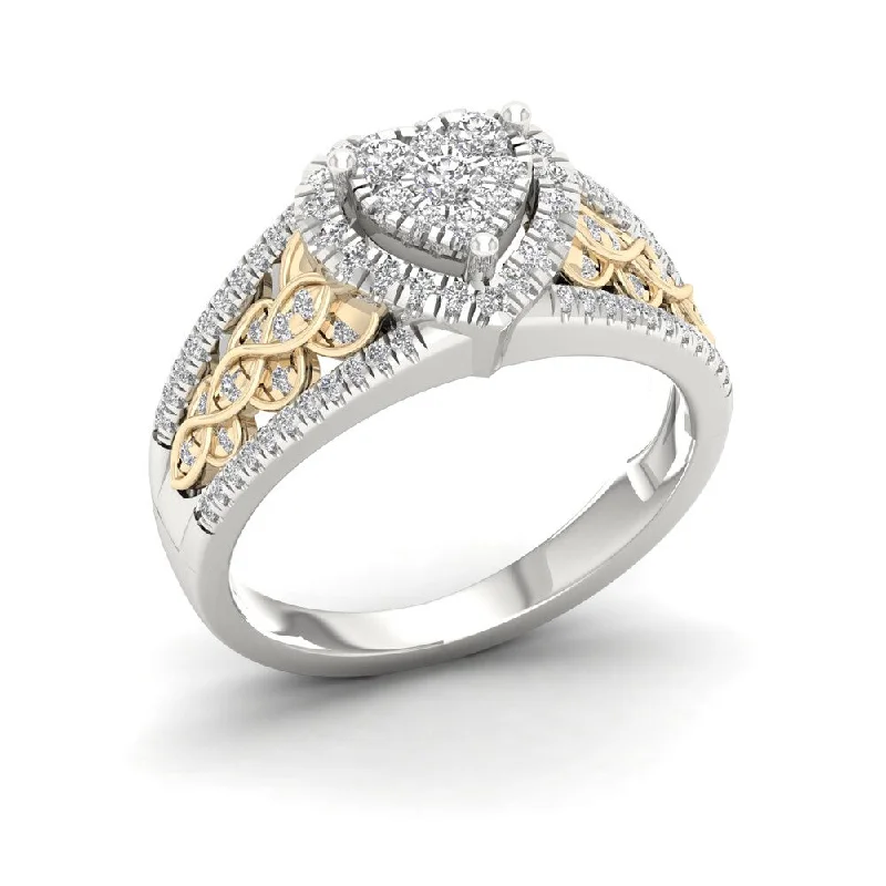 Antique-inspired ladies engagement rings-De Couer 10k Yellow Two Tone White Gold 1/2ct TDW Diamond Cluster Engagement Ring