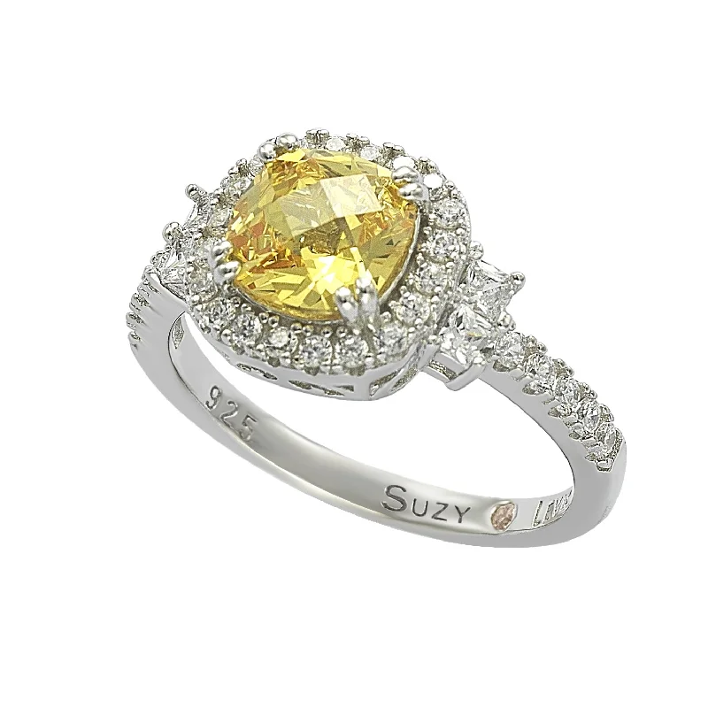 Small diamond ladies engagement rings-Suzy Levian Sterling Silver Yellow & White Cubic Zirconia Engagement Ring