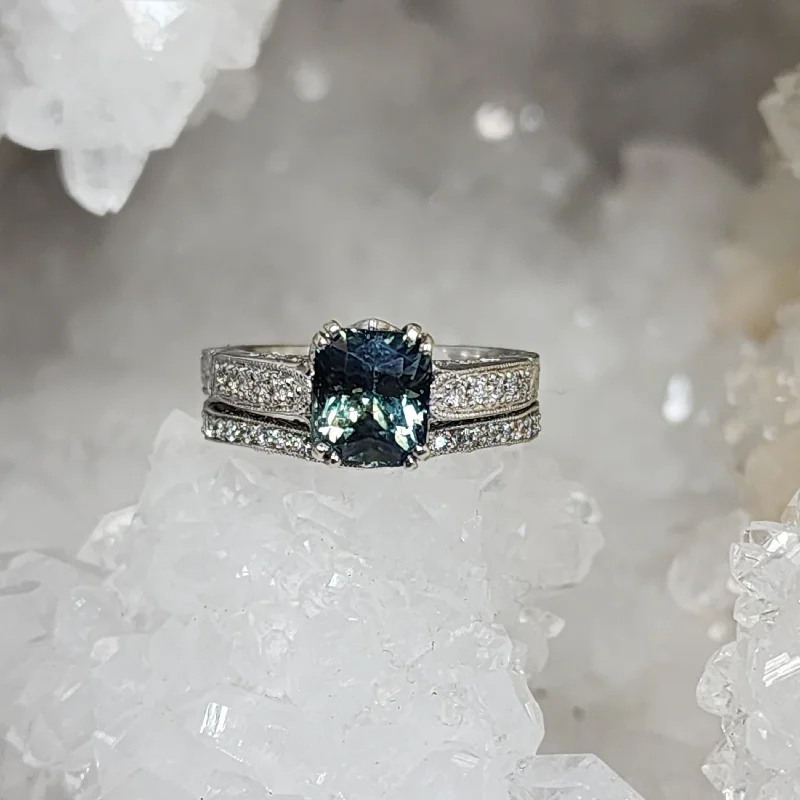 Luxury halo engagement rings for ladies-Engagement and Wedding Ring Set - 2.3 CT Teal Madagascar Sapphire set in 14K White Gold with Matching Contoured Band with accent diamonds