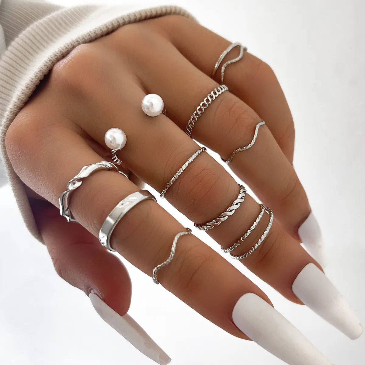 Ladies sapphire rings-Personality Trend Simple Wave Twist Open Pearl Joint Ten-Piece Ring