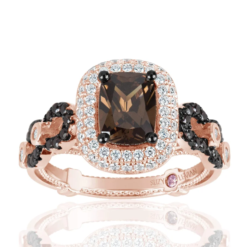 High-end ladies engagement rings-Suzy Levian Rose Sterling Silver Brown Chocolate and White Cubic Zirconia Engagement Ring