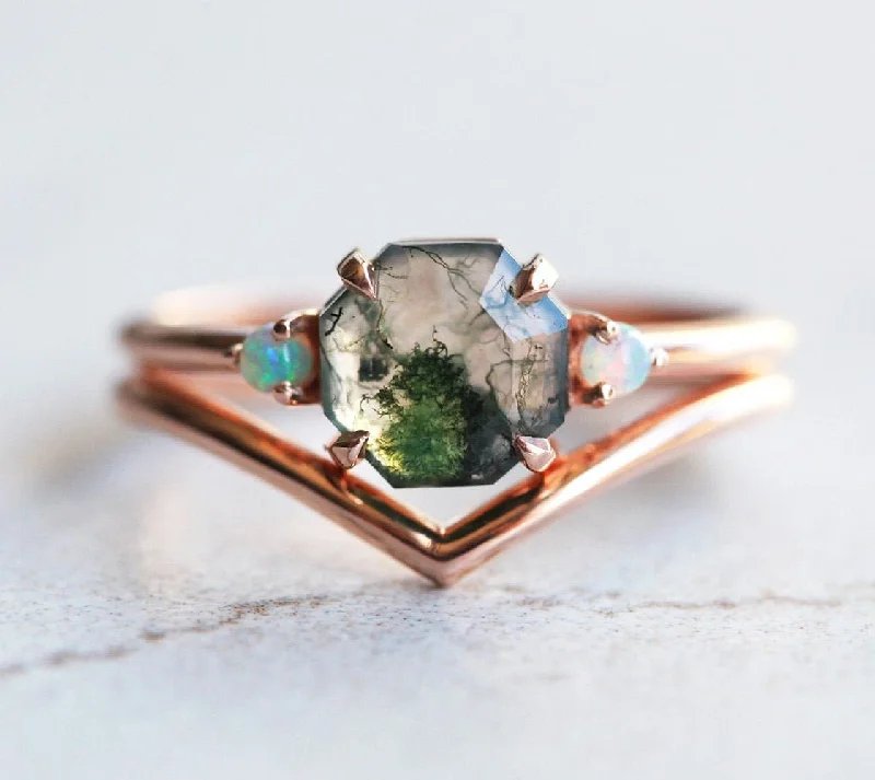 Ladies adjustable stackable rings-Ellie Octagon Moss Agate and Opal Ring Set