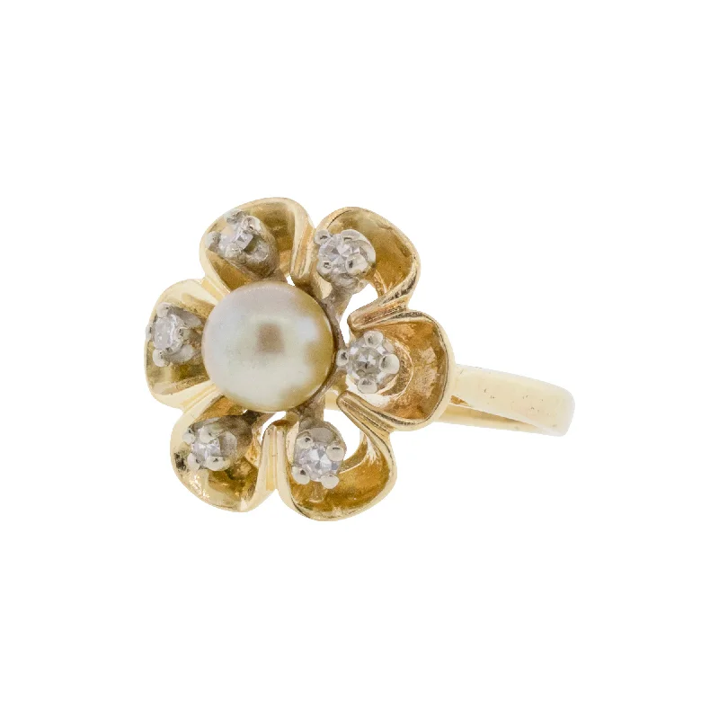 Ladies vintage rings-Golden Pearl and Diamond Petal Ring