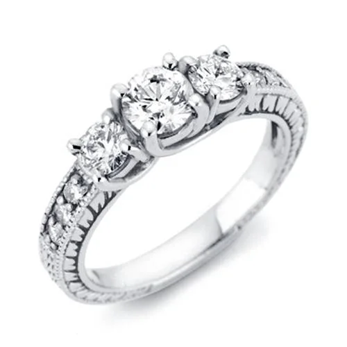 Affordable gemstone engagement rings for women-1ct Vintage Three Stone Round Diamond Engagement Ring 14K White Gold