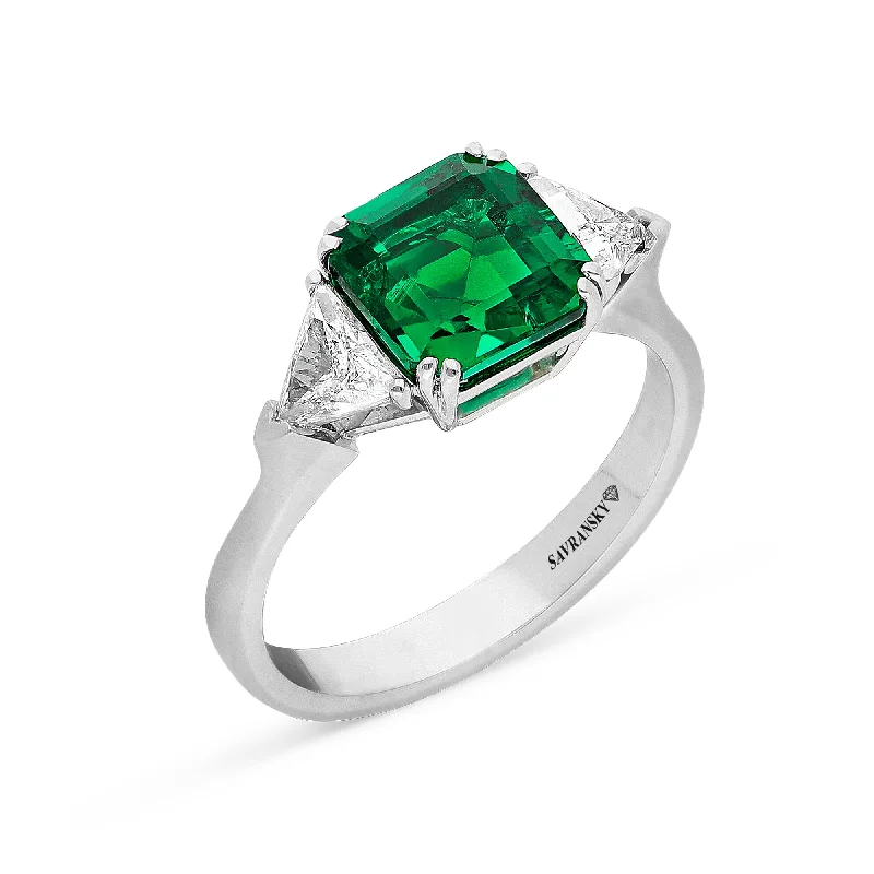 Ladies luxury engagement rings-Green Squared Emerald Trillion Birthstone Ring