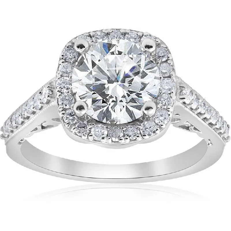 Diamond solitaire ladies engagement rings-3 ct Diamond Cushion Halo Vintage Engagement Ring 14k White Gold Lab Grown