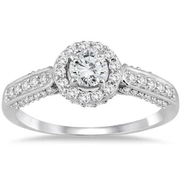 Unique gemstone ladies engagement rings-7/8 Carat TW Diamond Halo Engagement Ring in 10K White Gold