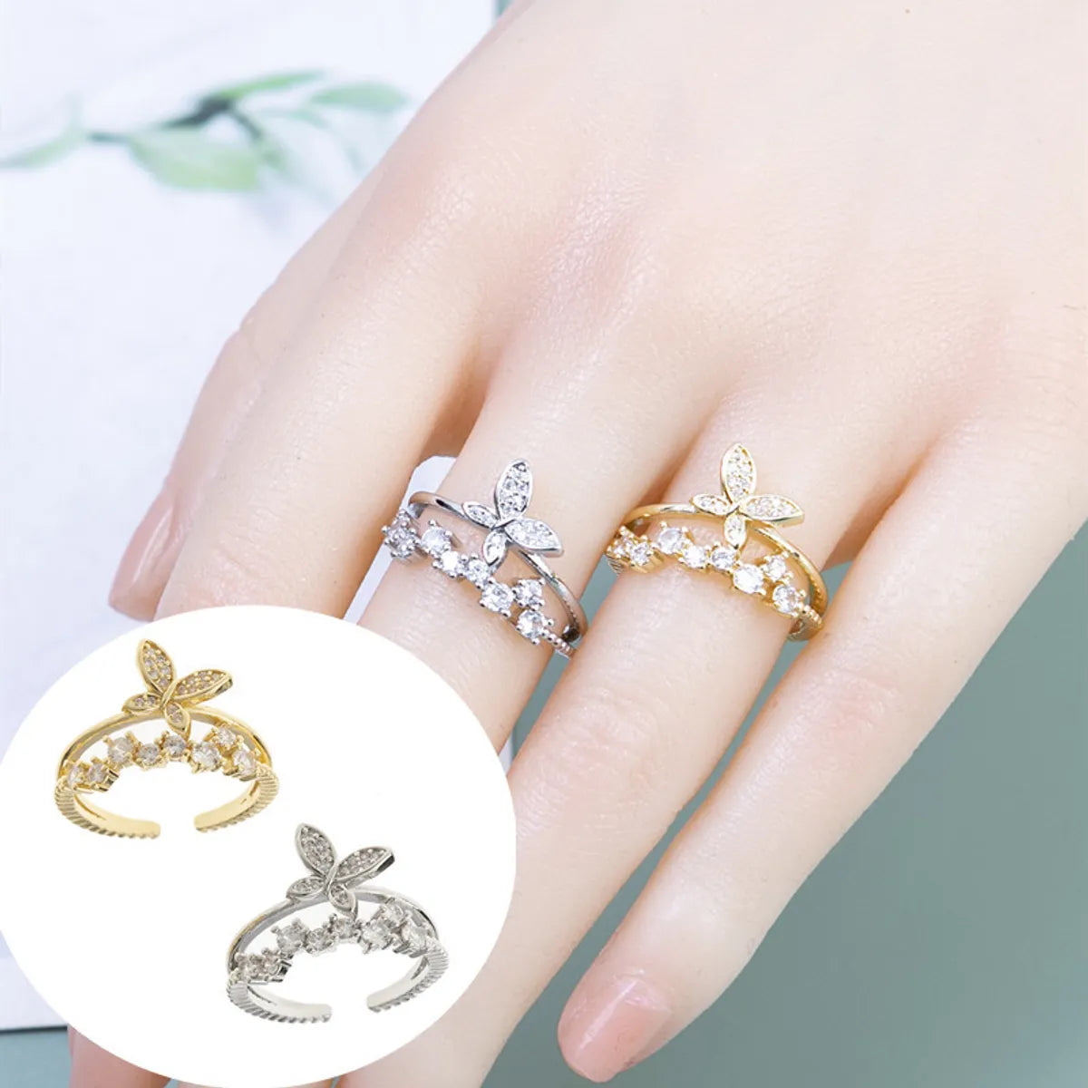 Ladies gold diamond rings-Simple Style Butterfly Copper Plating Inlay Zircon Open Rings