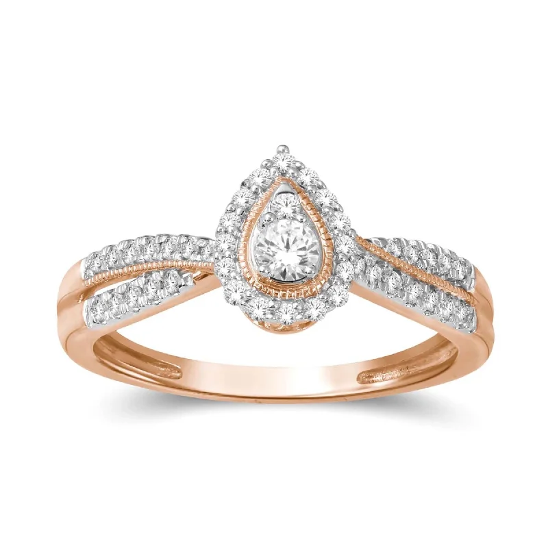 Cushion cut ladies engagement rings-De Couer 1/3ct TDW Diamond Pear Shape Halo Engagement Ring in 10k Gold - Pink