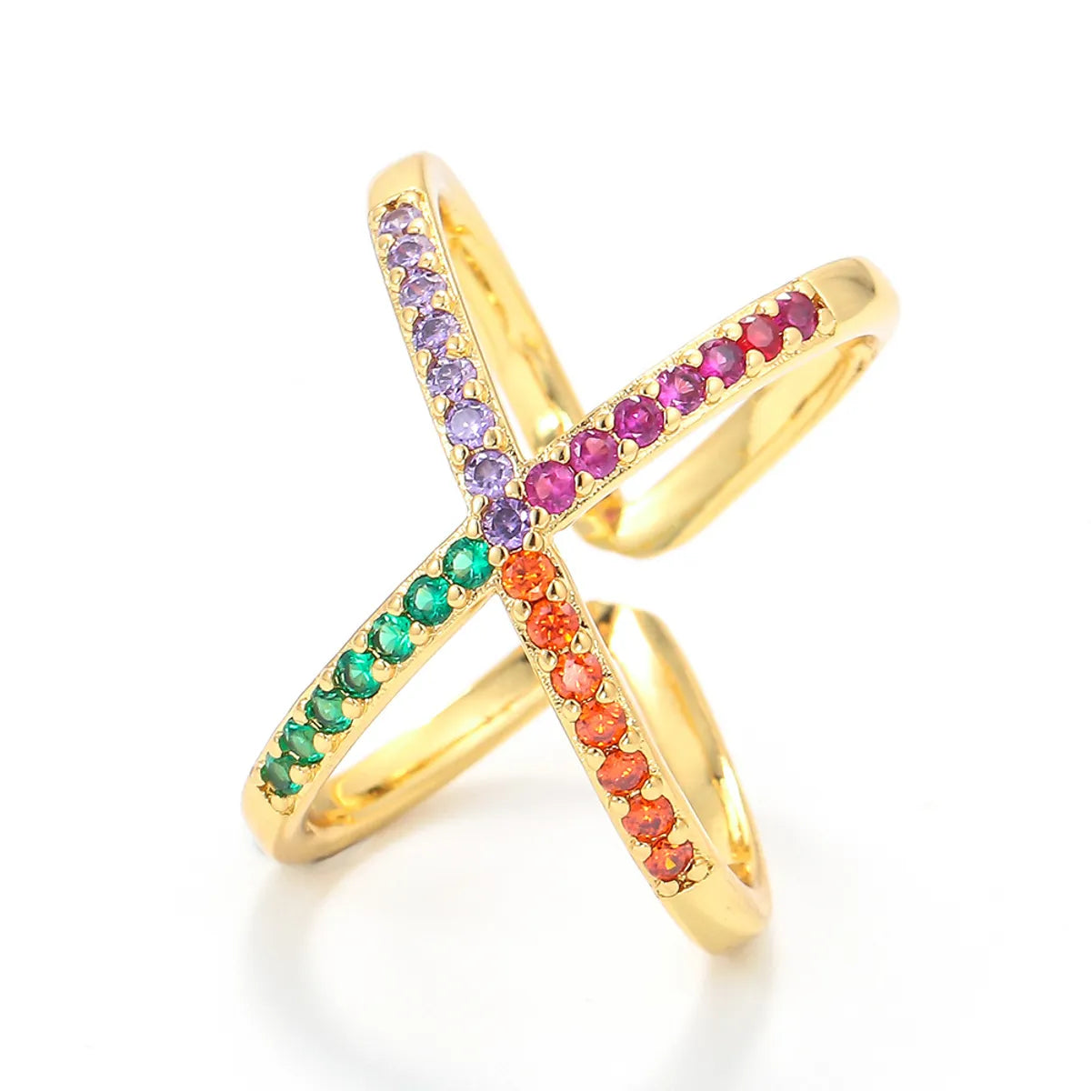 Ladies cluster rings-Simple Geometric Irregular Hollow Cross Copper Inlaid Color Zircon Ring Wholesale Gooddiy