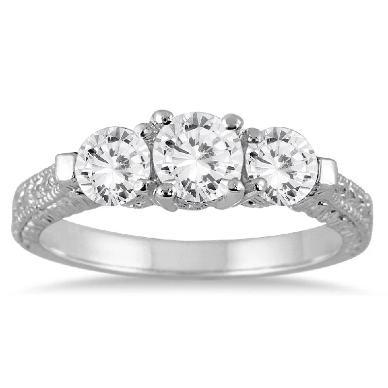 Antique ladies engagement rings-1 1/3 Carat TW Diamond Three Stone Engagement Ring in 14K White Gold