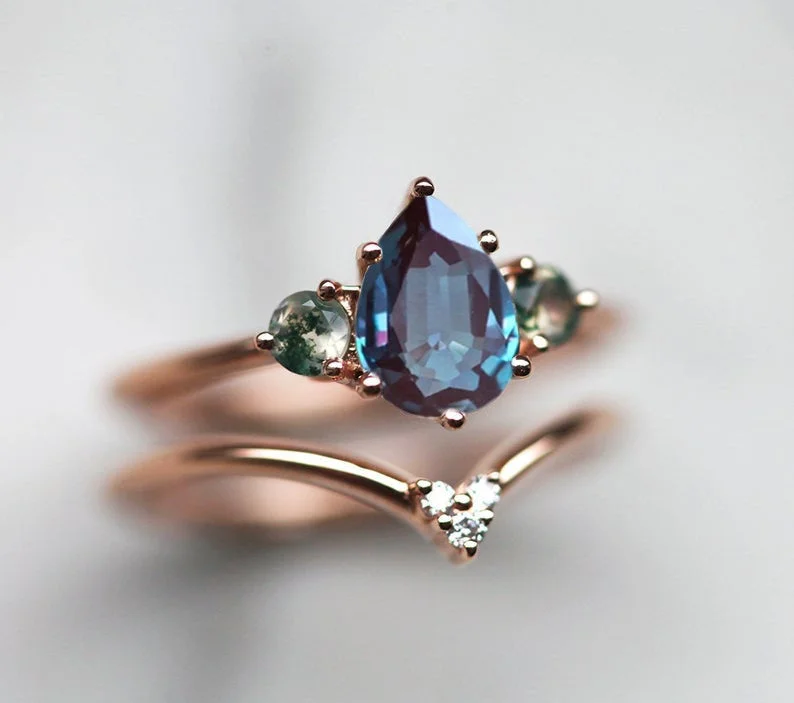 Ladies men’s inspired engagement rings-Misella Pear Alexandrite Ring Set