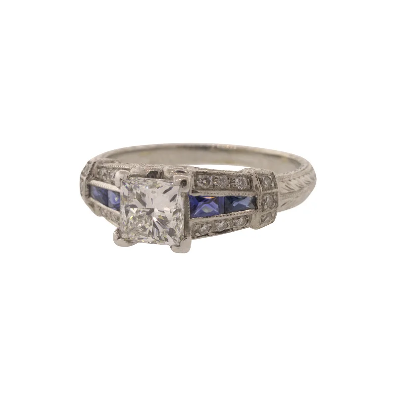 Ladies antique style rings-18K White Gold Princess Cut Diamond and Sapphire Ring