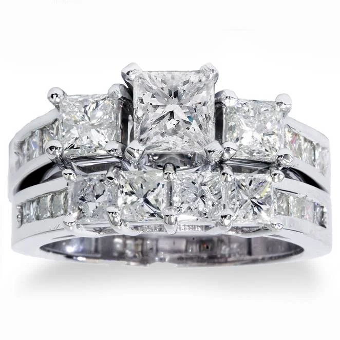 Round cut ladies engagement rings-3 1/2ct Princess Cut Diamond Engagement Ring Wedding Set 14K White Gold