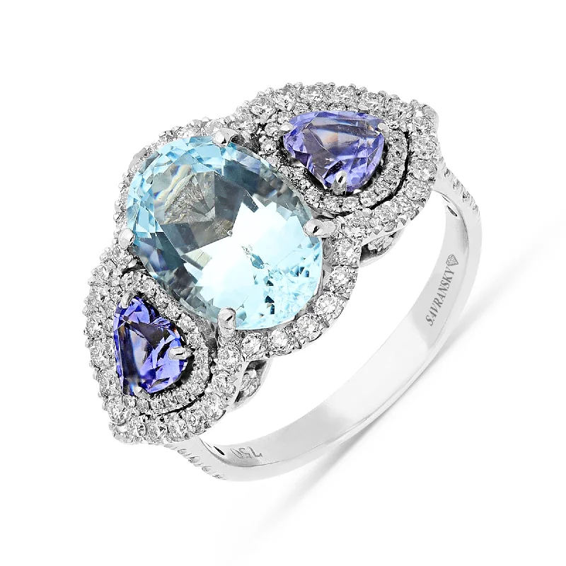 Ladies cushion cut rings-Oval Cut Aquamarine & Tanzanite Ring - 4.72 Carat