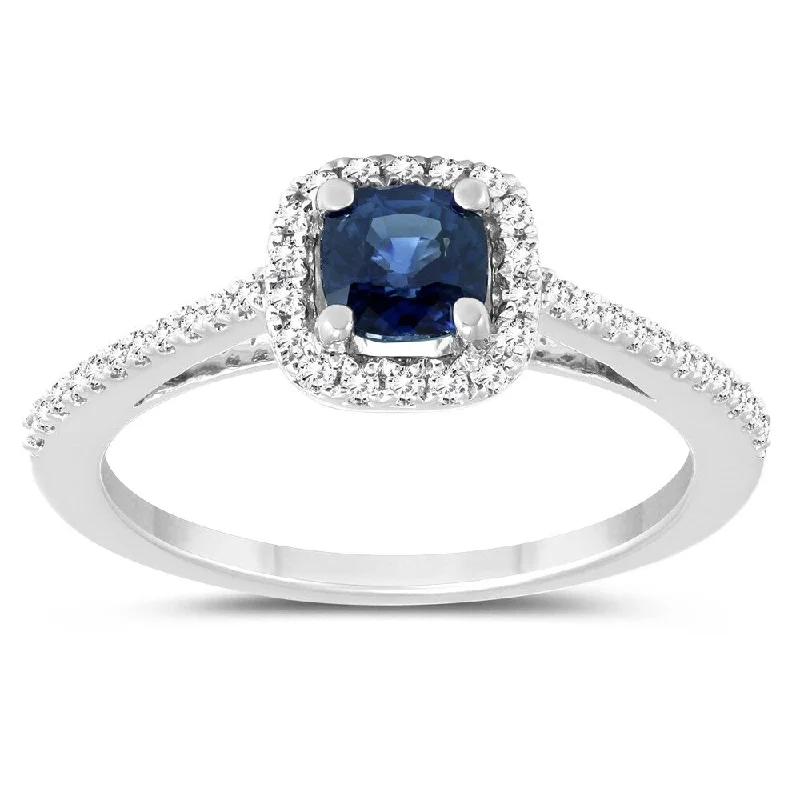 Double band ladies engagement rings-Cushion Sapphire and Diamond Halo Engagement Ring in 14K White Gold