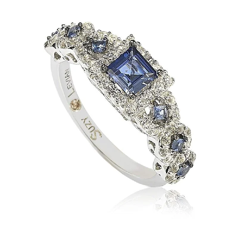 Halo ladies engagement rings-Suzy Levian Sterling Silver Assher Cut Sapphire and Diamond Accent Bridal Engagement Ring - Blue