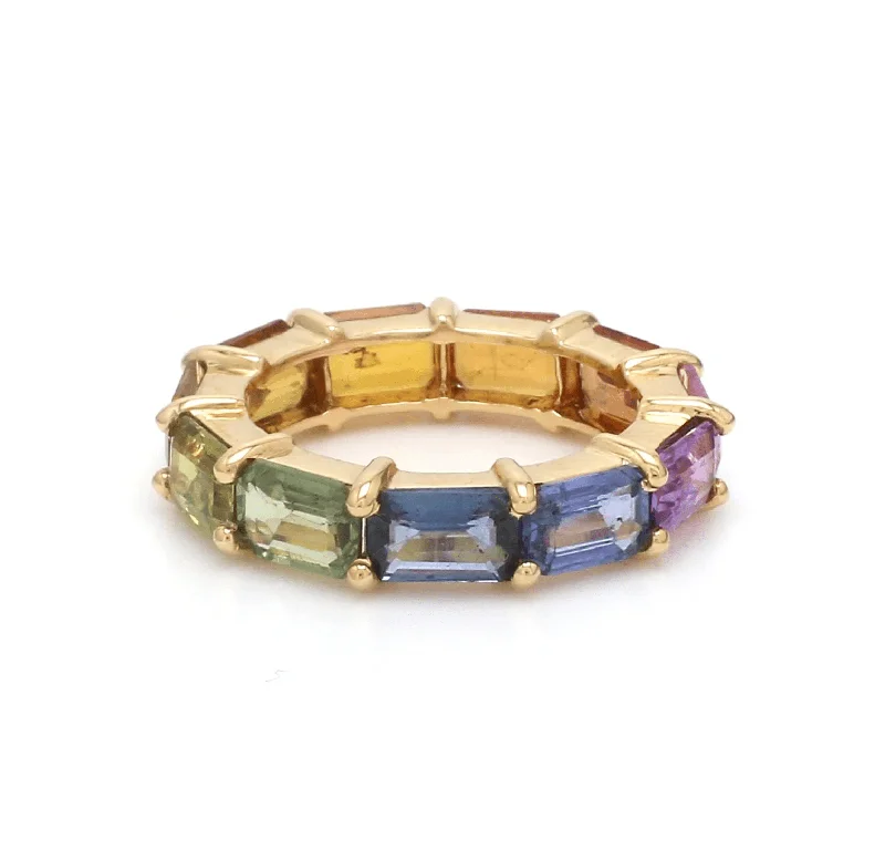 Ladies men’s style rings-14K & 18K Gold East West Rainbow Sapphire Eternity Ring