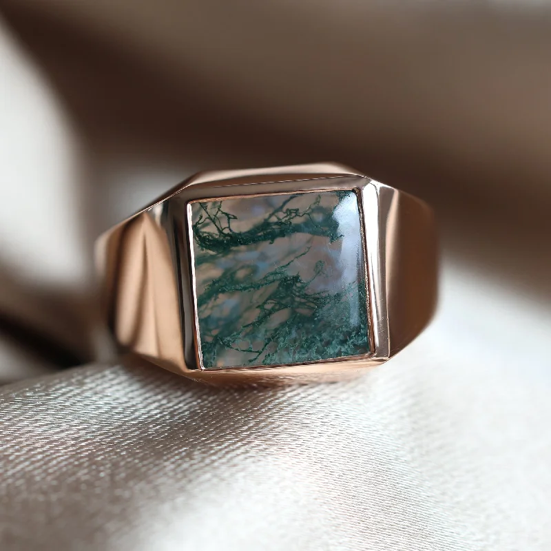 Ladies men’s style rings-Jazz Moss agate signet ring