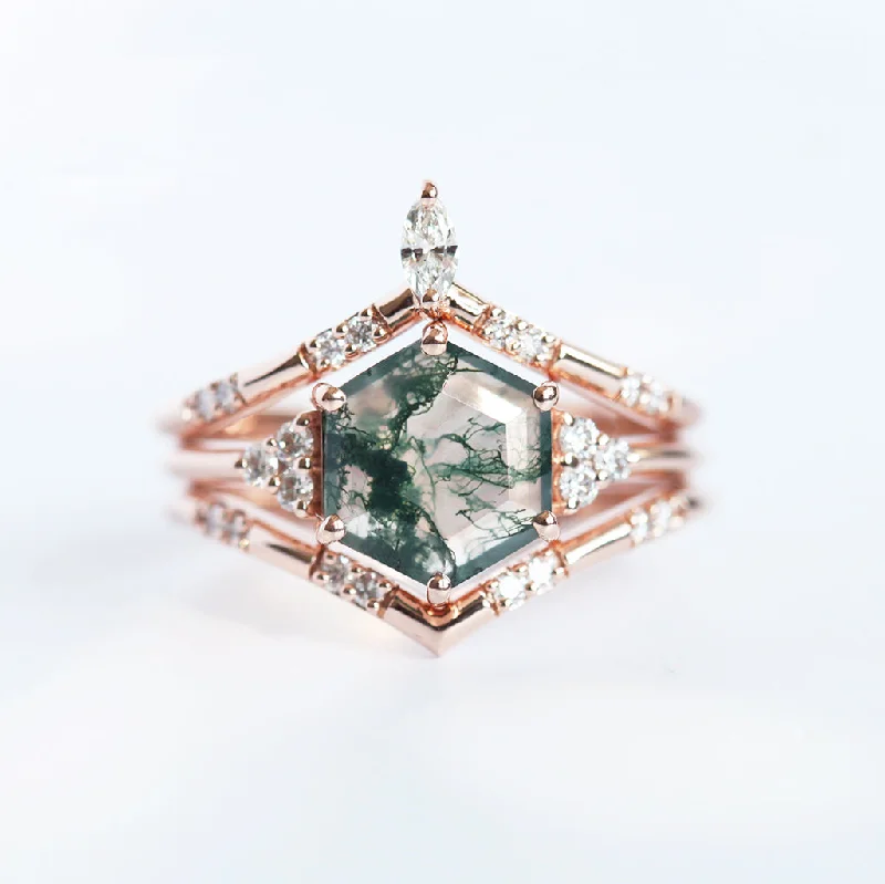 Ladies vintage-inspired rings-Ada Hexagon Moss Agate Ring Set