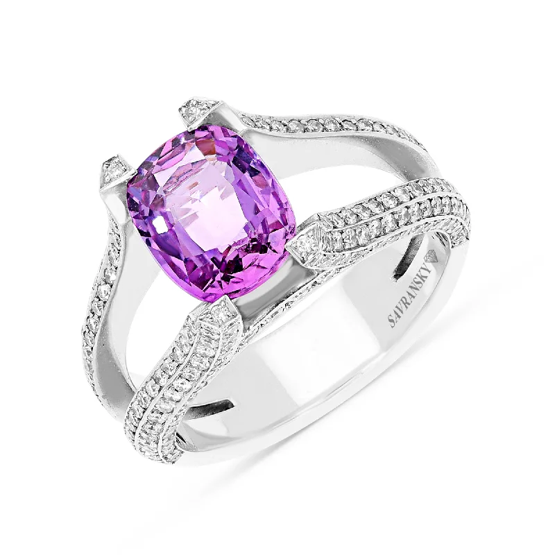 Ladies modern gemstone rings-Pink Sapphire Split Shank Ring - 4.42 Carat