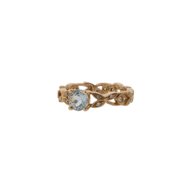 Ladies adjustable rings-Rose Gold Natural Aquamarine and Moissanite Twisted Shank Ring