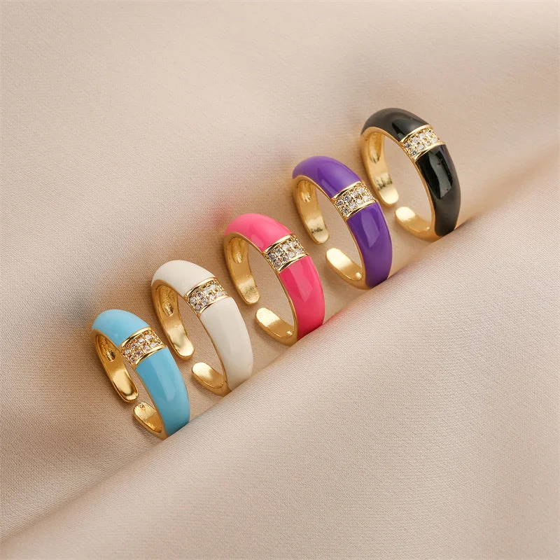 Ladies fashion rings-Retro Solid Color Copper Enamel Inlay Zircon Open Ring