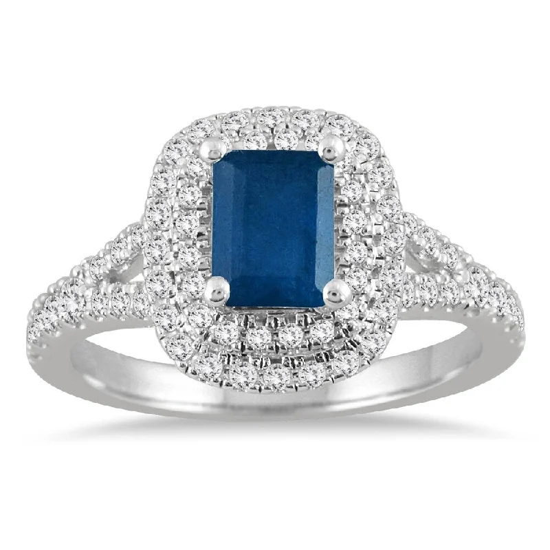 Antique-inspired ladies engagement rings-1 1/2 Carat Halo Diamond Engagement Sapphire ring in 14K White Gold