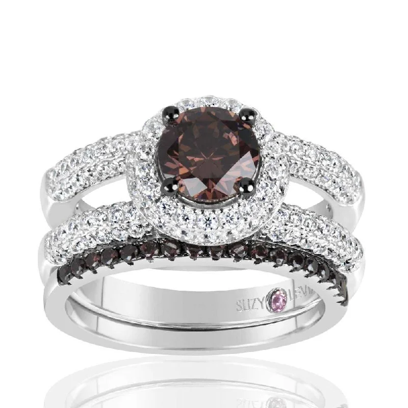 Stackable ladies engagement rings-Suzy Levian Sterling Silver Brown Chocolate and White Cubic Zirconia 2-Piece Engagement Ring