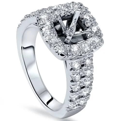 Large diamond ladies engagement rings-1ct Cushion Halo Engagement Ring Setting 14K White Gold