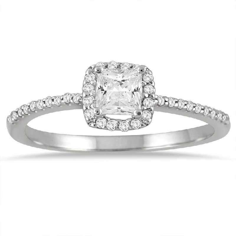 Engagement rings with matching wedding band-5/8 Carat TW Princess Cut Halo Diamond Engagement Ring in 10K White Gold