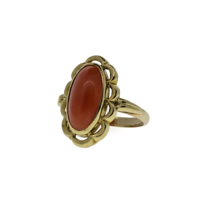 Ladies stacking rings-Victorian Elongated Cabochon Cut Coral Ring