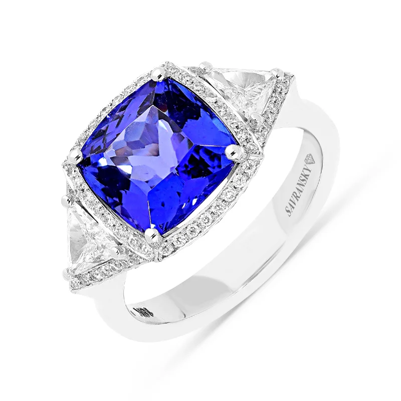 Ladies eternity diamond rings-Cushion Cut Tanzanite Three Stone Ring - 5.73 Carat