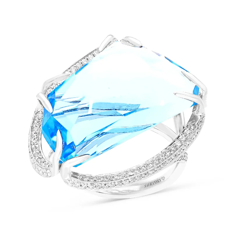 Ladies wedding sets with engagement rings-Special Cut Blue Topaz Halo Ring - 33.90 Carat