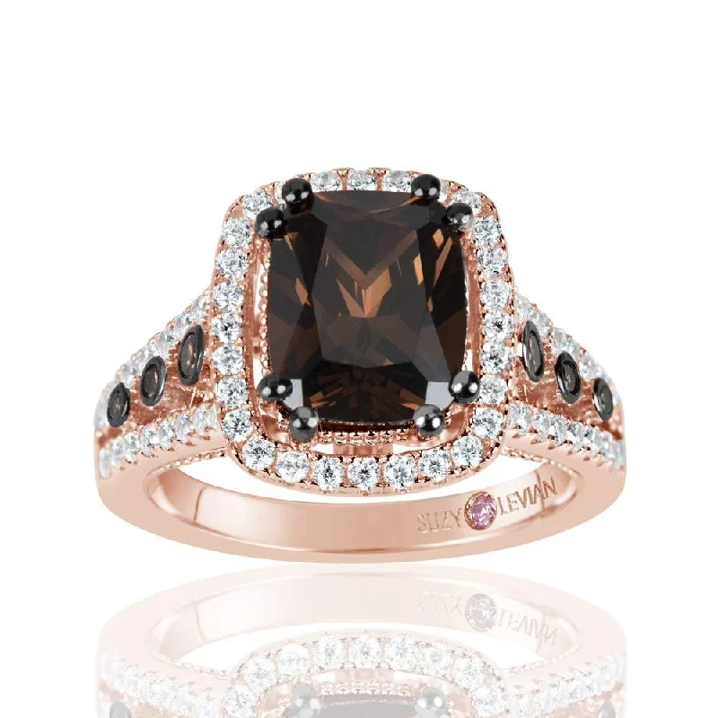 Vintage gold ladies engagement rings-Suzy Levian Rose Sterling Silver Brown Chocolate and White Cubic Zirconia Engagement Ring