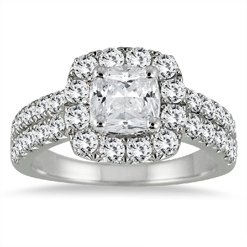 White diamond ladies engagement rings-2 1/10 Carat Cushion Cut Diamond Halo Engagement Ring in 14K White Gold