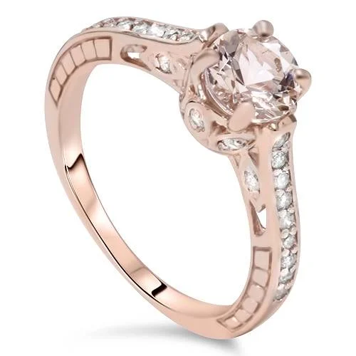 Simple ladies engagement rings-1ct Morganite & Diamond Vintage Engagement Ring 14K Rose Gold