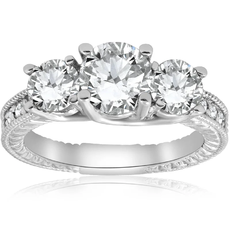 Engagement rings with matching wedding band-2 1/2ct Vintage 3-Stone Lab Grown Diamond Engagement Ring 14K White Gold