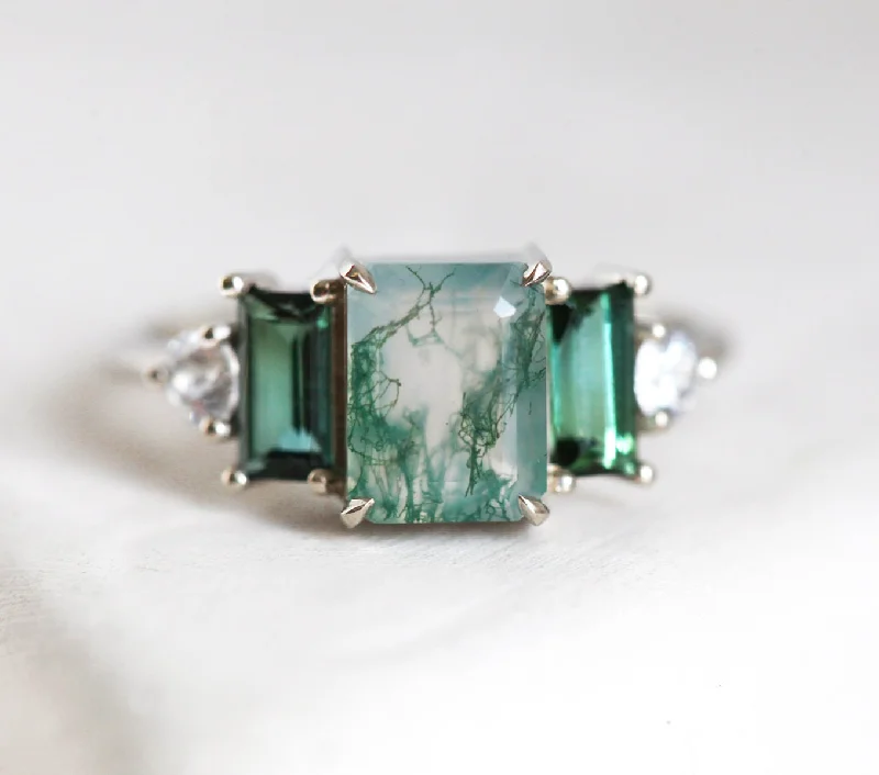 Ladies modern rings-Victoria Emerald Cut Moss Agate Ring With Accent Stones