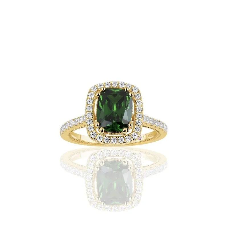 Alternative style ladies engagement rings-Suzy Levian Golden Sterling Silver Elongated Cushion Cut Green Cubic Zirconia Solitaire Engagement Ring